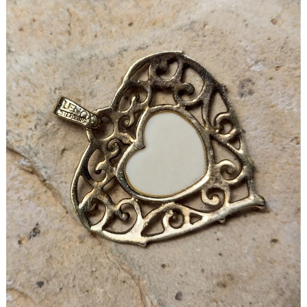 Vintage Lennox China Silver Silver 14k Gold Wash Heart Pendant